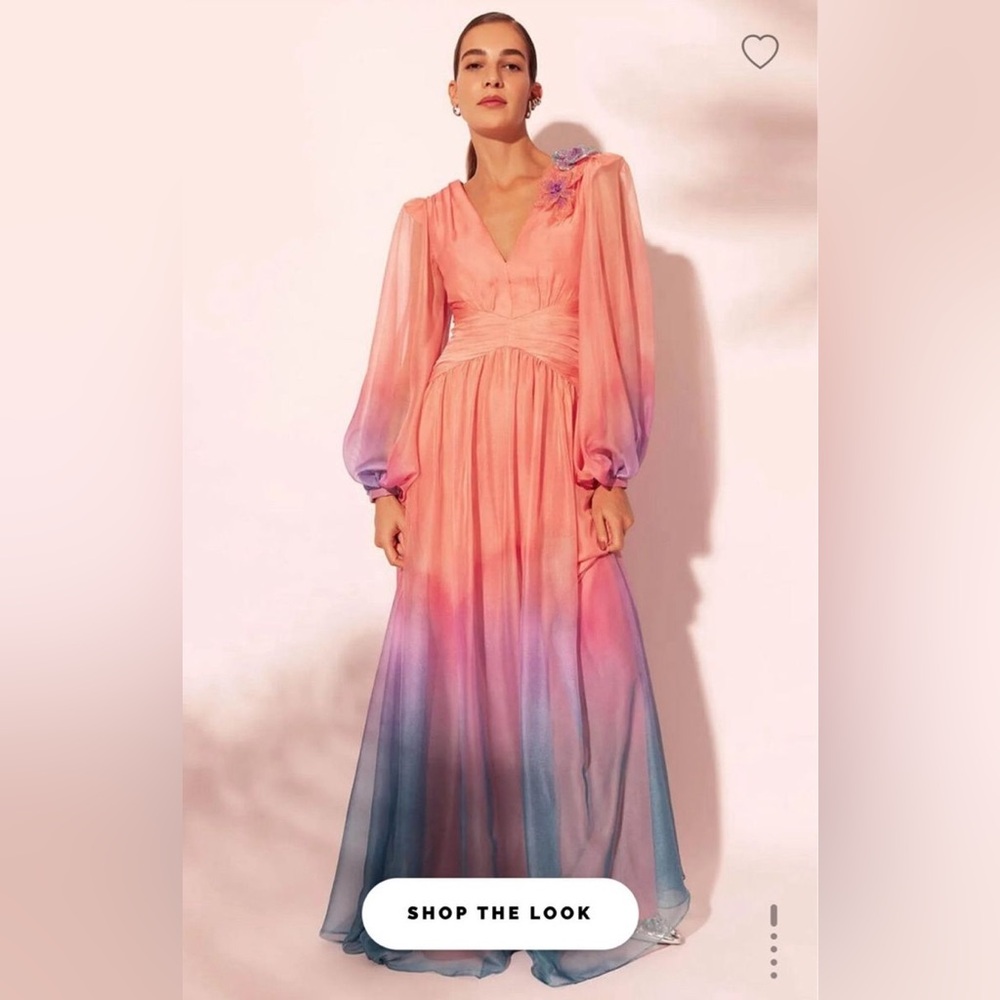 PatBO Long Sleeve Degrade Dress coral-to-purple ombre gradient ruched waist